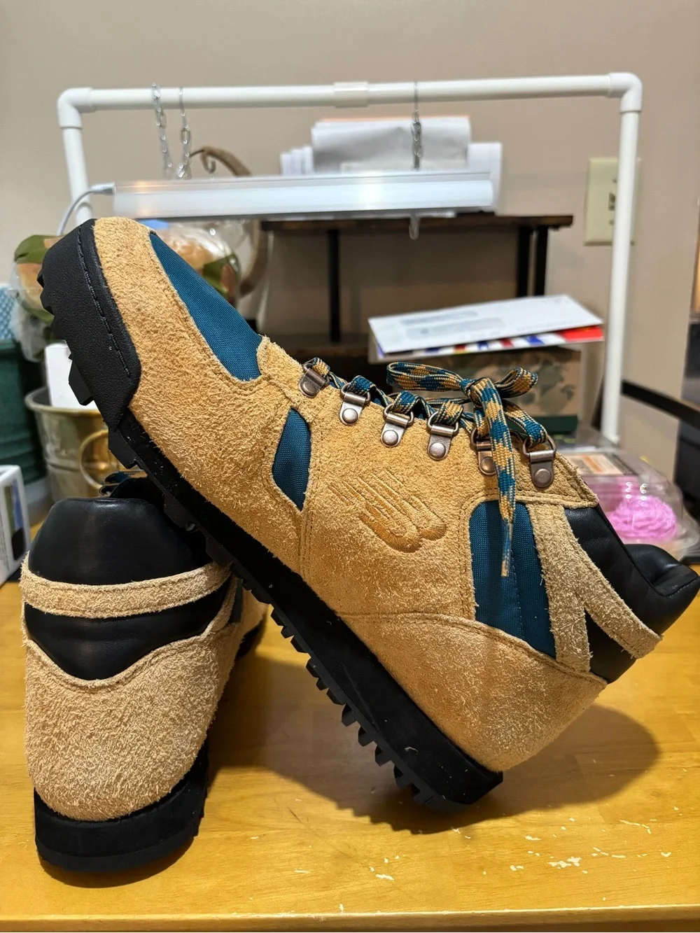 New Balance Rainier Men's Tan Suede & Teal Hiking Sneakers
